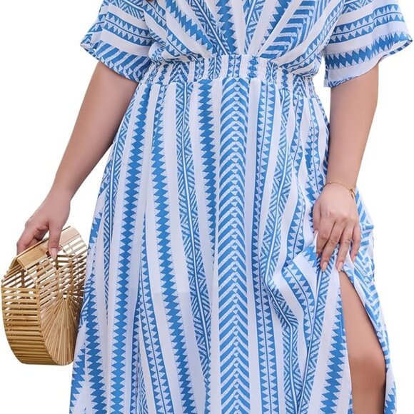 Plus Size Maxi Dress Boho Floral V Neck Empire Waist Pockets Slit - Picture 1 of 7